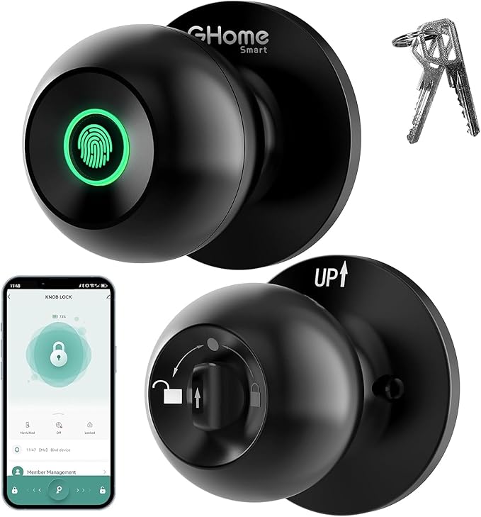 GHome Smart Fingerprint Door Lock, 3 in 1 Smart Fingerprint Door Knob with App Control & Key, Auto Lock, Biometric Thumbprint Door Locks for Bedroom, Garage, Home & Office