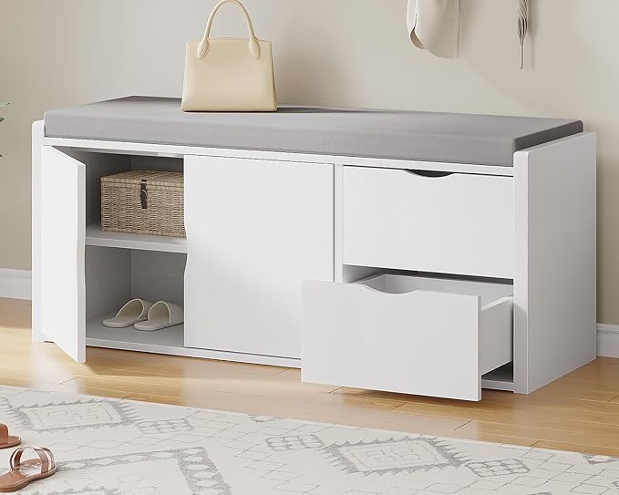 LVB Storage Entryway Bench, Long Shoe Bench with Drawers Storage Shelf, Modern Entry Way Bench with Padded Cushioned Seating, Wood Shoe Rack Benchs for Foyer Entrance Living Bedroom, White Oak, 40in
