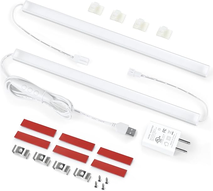 Litever Plug-in Under Cabinet Lighting Kit with Adapter, Dimmer, 2 pcs 12 Inch USB LED Light Strips. Dimmable Linkable for Kitchen Counter, Workbench, Over Sink, Closet, Pantry. Cool White 4000K