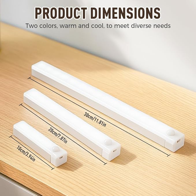 Punch-Free Smart Sensor Magnetic Rechargeable LED Lights, 2026 Upgraded Lntelligent Motion Sensor Light Strip, 3 Colors-Dimmable, Under Cabinet Lighting Wireless (2, White Light, 10cm/3.9in)