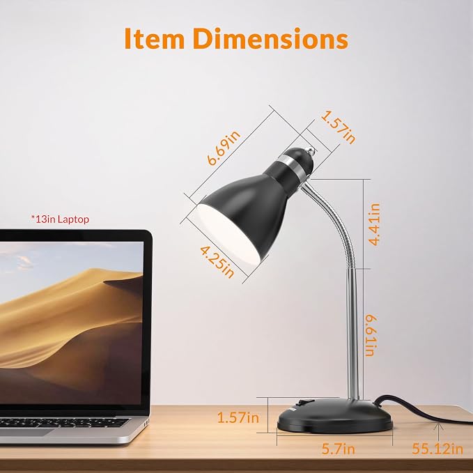 LEPOWER Metal Desk Lamp, Adjustable GooseNeck Reading Light for Bedroom | Compact & Sturdy, Space-Saving for Bedside & Dorm, E26 Table Lamp, Eye-Caring, Ideal for Study, Office, Back to School