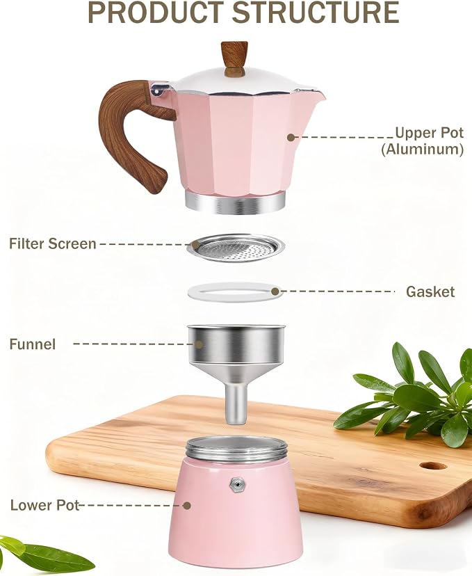 Coffee Maker Stovetop Espresso Maker 3 Cup Aluminum Moka Pot Percolator 5oz 150ml Easy Brewing for Electric Ceramic Stoves Home Camping Italian Cuban Café Classic Sip Sized Pink