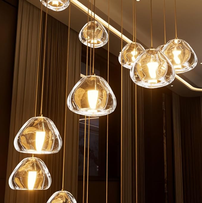 LED Glam Chandelier 118 inches Long Light Luxury Crystal Ceiling Chandeliers Remote Dimmable High Ceiling Pendants Lighting Fixtures Antique Gold 15 Lights