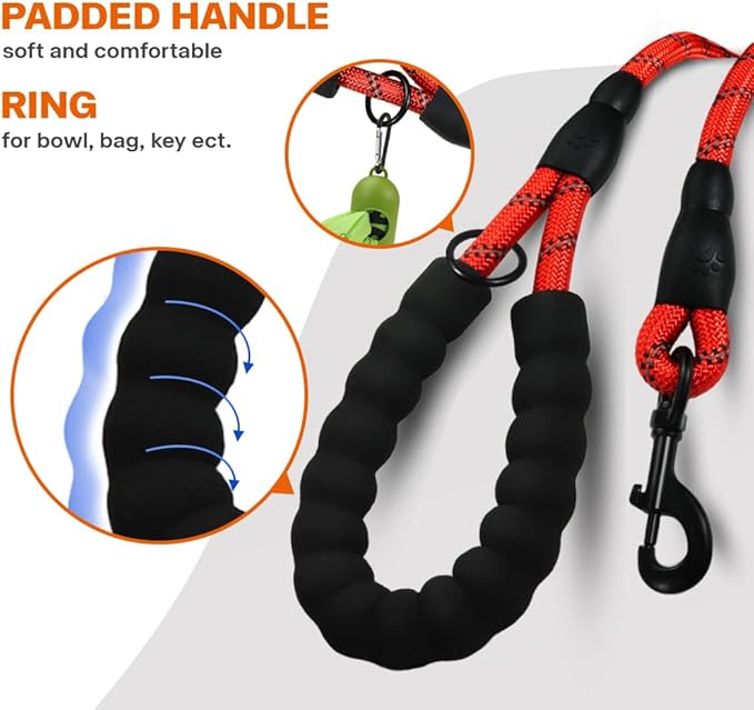 Taglory Rope Dog Leash 4 FT with Comfortable Padded Handle, Highly Reflective Threads Leash and Anti-Tangle Clip for Walking Medium Large Dogs, 1/2 inch, Red