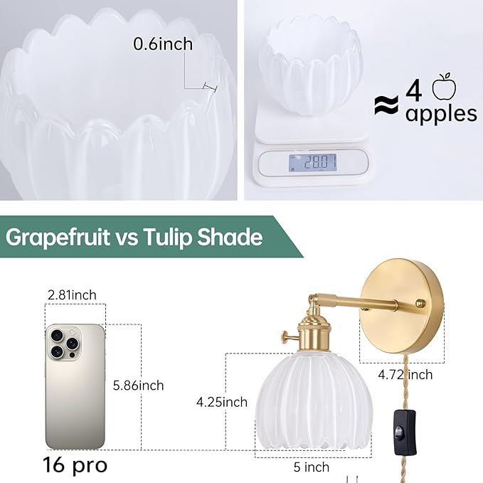 Plug in Wall Sconce, White Tulip Glass Lampshade Wall Light Plugin Corded for Bedside Bedroom Doorway