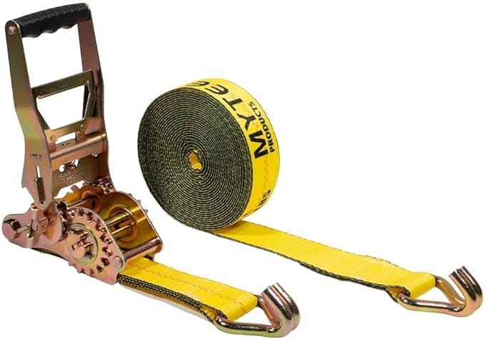 Mytee Products 2" x27' Self-Tensioning Ratchet Strap with J Hooks - 10,000 lbs BS - Heavy Duty Tie Down Large Bar Handle and Cargo Straps with Wire Hooks for Flatbed, Trucks, Pickup - Yellow