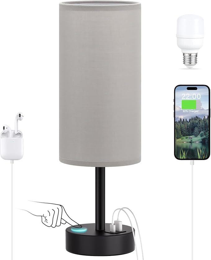 Dicoool Bedside Table Lamp for Bedroom - 3-Way Dimmable Touch Lamp, USB A+C | LED Bulb Included, 14" Small Nightstand Lamp for Desk, Living Room, Guest Room, Grey Fabric Lampshade, Black Metal Base
