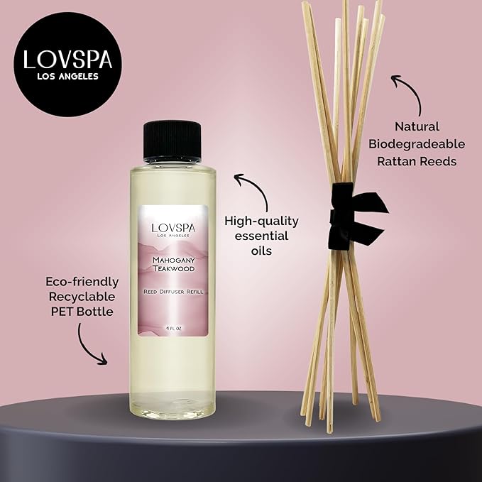 LOVSPA Mahogany Teakwood Diffuser Oil - Luxury Essential Oils for Diffuser Refill & Air Freshener Room Spray - Long-Lasting & Natural Home Fragrance, Scented Oil for Diffusers, USA Made, 4oz