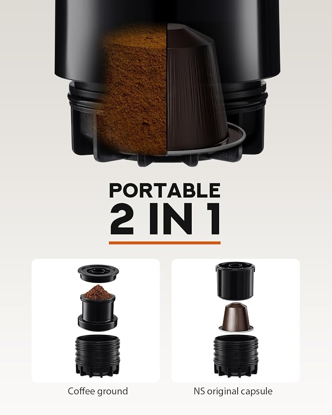 Portable Coffee Maker for Travel & Camping, Travel Lightweight Coffee Machines, Manually Operated, Compatible with Ground Coffee & NS Capsule Black (1Pcs)