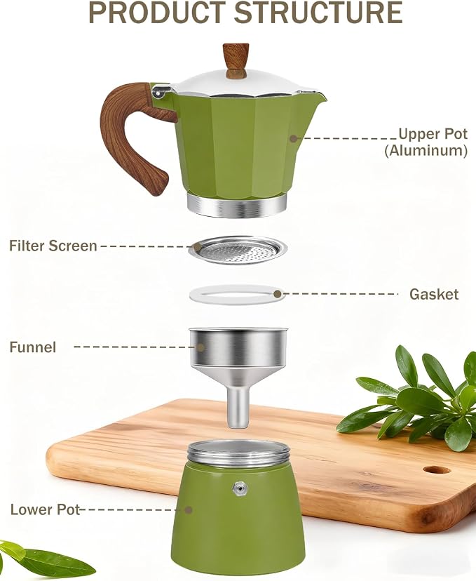 Coffee Maker Stovetop Espresso Maker 3 Cup Aluminum Moka Pot Percolator 5oz 150ml Easy Brewing for Electric Ceramic Stoves Home Camping Italian Cuban Café Classic Sip Sized Green