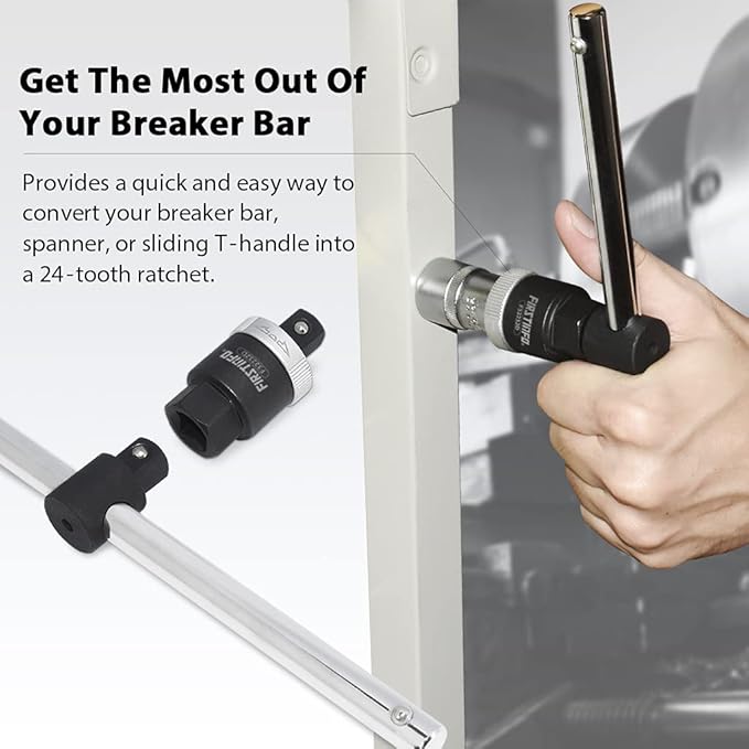 FIRSTINFO F32232D 1/2 Inch Drive Ratcheting Breaker Bar Adapter- Converts Breaker Bar or Sliding T-Handle into 24T Ratchet, Reversible Ratcheting Mechanism with Anodized Switch Collar