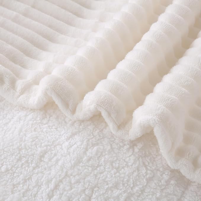 Cream White Sherpa Fleece Throw Blanket 60”×80”for Couch Sofa Bed | Double Side Soft Fuzzy Cozy Plush Thick Flannel Blanket with Striped Design Gift for Adults,Woman