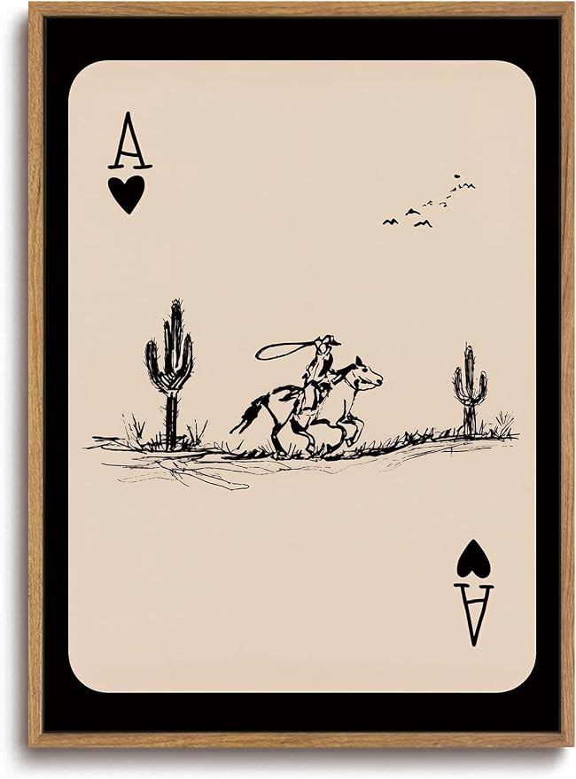 ZZLWBKGL Western Wall Decor Cowboy Poker Canvas Art Vintage Framed Wall Art | Cactus Artwork Mid Century Picture Southwest Farmhouse Paintings for Bedroom Living Room 16x24in