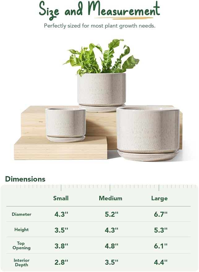 LE TAUCI Ceramic Plant Pots, 4.3+5.3+6.8 inch, Set of 3, Planters with Drainage Hole and Saucer, Indoor Flower Pot with Hole Mesh Pad, Gifts for Mom, Reactive Glaze Beige