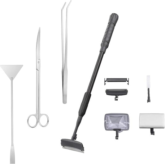 Carefree Fish 7IN1 Aquarium Cleaning Tools Long Handle Adjustable Length 18~24Inch Fish Tank Cleaner Kit Algae Scraper Scrubber Brushes Set Plant Scissor Long Tweezer