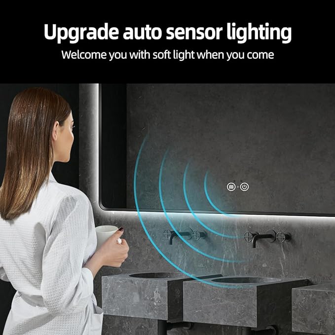 Black LED Mirror for Bathroom, 36"x72" Smart Bathroom Mirror with Lights, Motion Sensor, Anti-Fog, Stepless Dimmable & 3-Color, Backlit Wall Mirror, Rounded Corner, CRI≥93, UL-Listed
