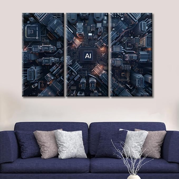 AI Advanced Circuitry Wall Art Decor 3 Panels Digital Intelligence Hub Pictures Circuit Board Pictures Painting Home Decor Print for Home Living Room Dining Room Framed Ready to Hang (36"Wx24"H)