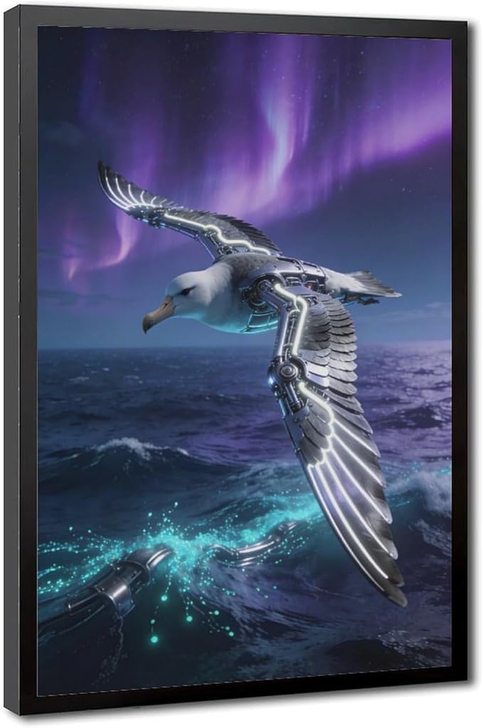 Framed Steampunk Mechanical Seagull Wall Art - Aurora Ocean Retro Poster for Bedroom Game Room Decor 08x12in
