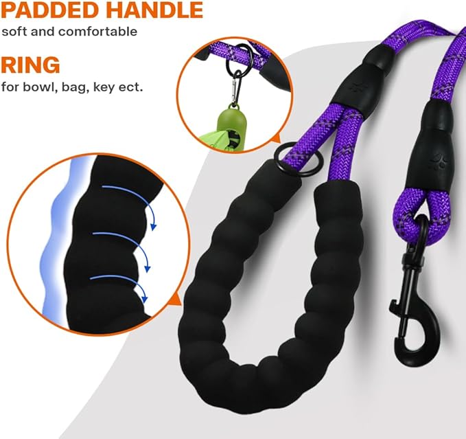 Taglory Rope Dog Leash 5 FT with Comfortable Padded Handle, Highly Reflective Threads Leash and Anti-Tangle Clip for Walking Medium Large Dogs, 1/2 inch, Purple