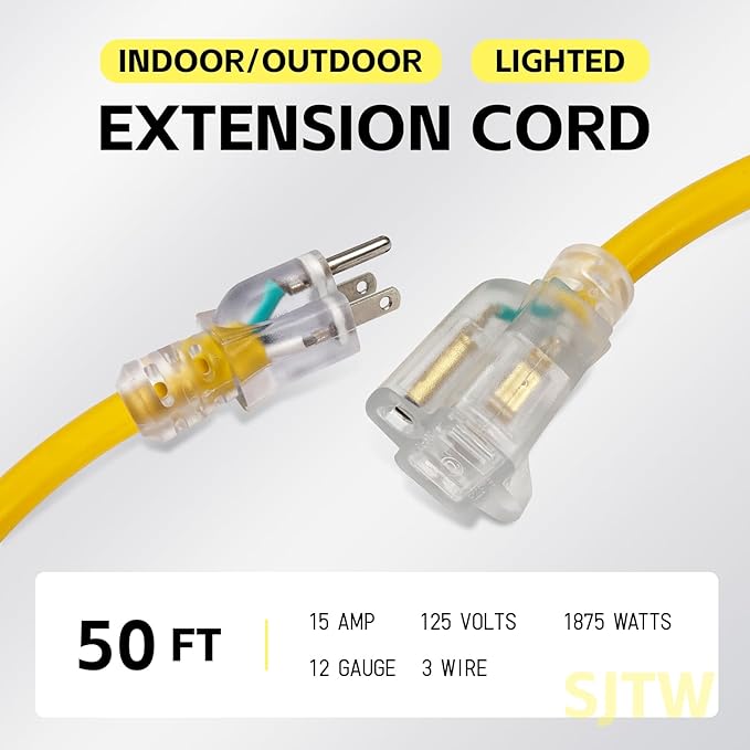 EP 50 ft Lighted Outdoor Extension Cord - 12/3 SJTW Heavy Duty Yellow Extension Cable with 3 Prong Grounded Plug - 15AMP Power Cord for Lawn, Garden, Appliances
