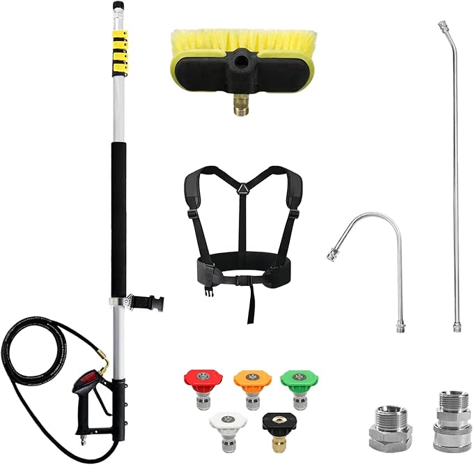 RAYNEL 24FT Telescoping Pressure Washer Extension Wand with Brush Head,Power Washer Extension Wand,Gutter Cleaner Attachment,5 Spray Nozzle Tips,Support Belt and 2 Hose Adapters