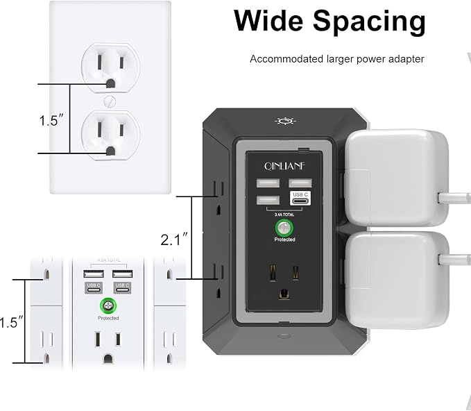 3-Sided Surge Protector Power Strip - QINLIANF Multi Plug Outlet with 5 Outlet Extender and 4 USB Ports(1 USB-C) and Night Light, USB Wall Charger for Home, Office, Travel, ETL Listed, Black