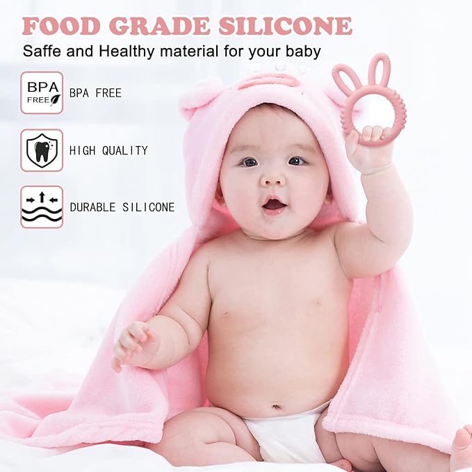 Silicone Babies Teethers Baby Teething Toys for Soothe Massage Sore Gums for 3-12 Months Infants, BPA Free, Easter Gifts for Boys and Girls, Ring Shape Rabbit Ear Design (Pink)