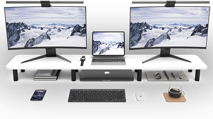 Dual Monitor Stand Riser 43.7 inch Large Extra Long Monitor Stand Riser Wide TV Stand Riser Monitor Stand for 2 Monitors Wood & Steel Leg Desktop Riser Desk Organization Home Office (White)