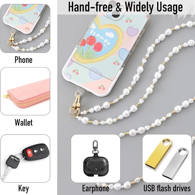 Phone Chain Crossbody Pearl Strap,Pearl Beaded Chain Shoulder Crossbody Lanyard with Phone Tether Patches Compatible with Most Phones Bag Purse(H)