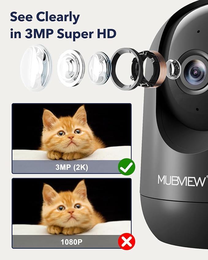 MUBVIEW Cameras for Home Security, Indoor Security Camera, 2.4/5GHz WiFi Wired Camera Ideal for Dog/Elder/Baby, Motion Tracking, Two-Way Audio, Pan Tilt, 7X24, 2K Night Vision PK320B-D