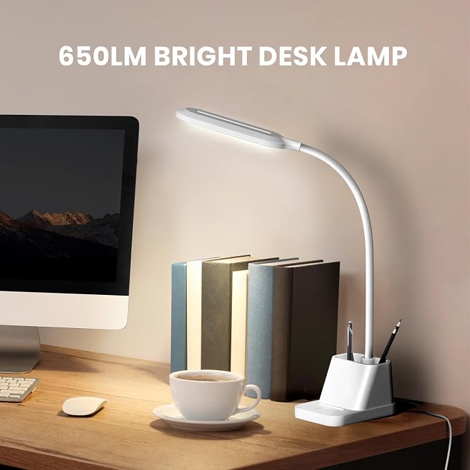 AXX White LED Desk Lamp with USB Charging Port, Study Table Light | for College Dorm Room, Home Office Bedroom Essentials, 650LM, Flexible Gooseneck, Phone Mount, Pen Holder, Timer Settings