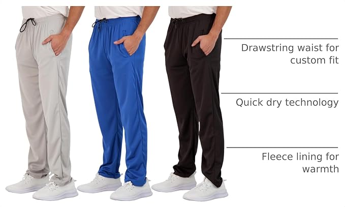 3 Pack Men's Mesh Open Bottom Sweatpants Active Athletic Workout Gym Pocket | Available in Big & Tall, Uncuffed, Elastic Waistband, Drawstring, Straight Leg, Running, Jogging, Exercise, Training, Sports