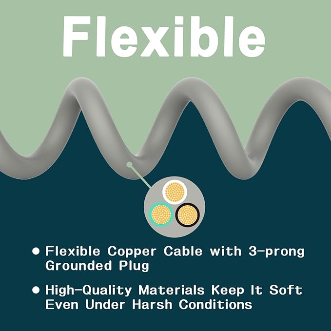 Indoor Outdoor Extension Cord 20 FT, 16/3 SJTW Weatherproof Grey Electrical Cords, 13 AMP Heavy Duty 3 Prong Power Cable Great for Garden, Landscaping & Holiday Decorations