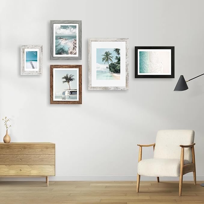 Hongkee 10x14 Picture Frame Set of 4, Made of Glass and Grey Wooden Frame, Display 8x12 Pictures with Mat or 30 x 40cm Diamond Painting Art without Mat for Wall Mounting, Gallery Photo Frames