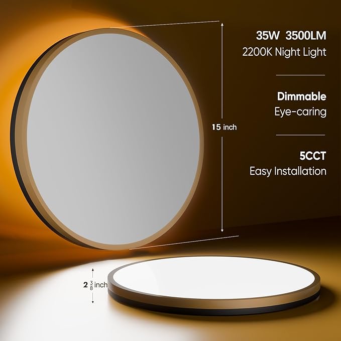 15 Inch Flush Mount Ceiling Light with Remote Control & Night Light, 5CCT Dimmable Ceiling Light Fixture, 35W 3500LM 2700K-6500K Adjustable LED Ceiling Lights for Bedroom Kitchen Living Room