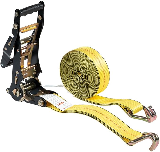 Mytee Products 4 Pack 2" x27' Yellow Ratchet Strap with J Hooks- 10,000 Lbs Breaking Strength -Heavy Duty Tie Down Large Bar Handle and Cargo Straps with Wire Hooks for Flatbed, Truck, Trailers Pickup