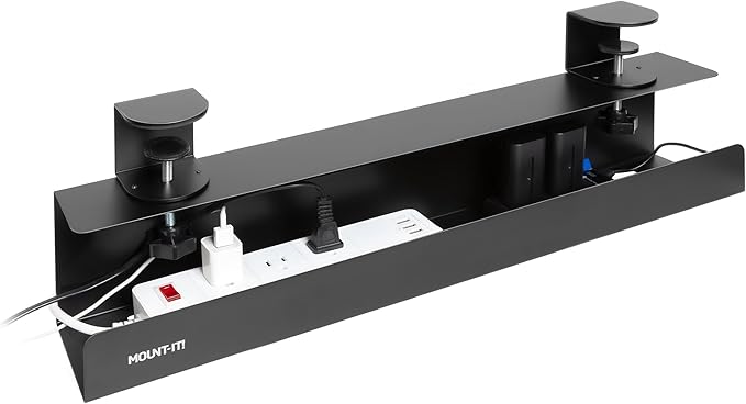 Mount-It! Under Desk Cable Management Tray – Clamp-On No-Drill Metal Cable Management Tray for Desk & Standing Desk, Wire & Cord Organizer for Power Strips, Glass Desks – 23.6” Black
