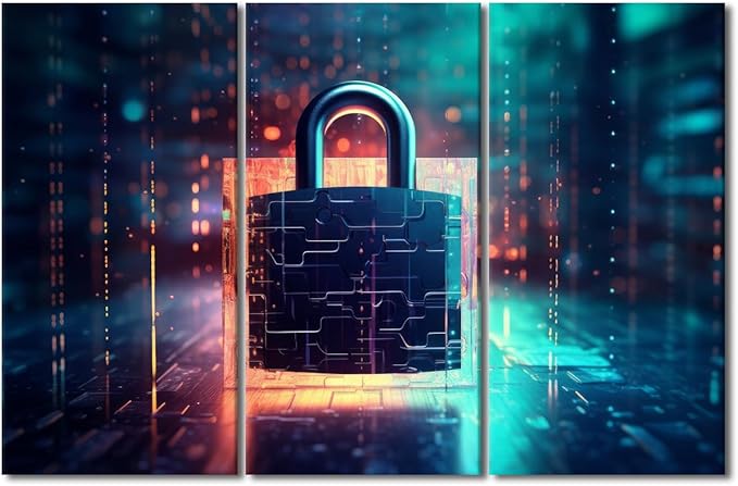 Framed Wall Art 3 Panel Cyber Security and Data Protection Concept Pictures Print on Canvas Wall Art for Living Room Bedroom Bathroom Decorations, Modern Posters and Prints, 42" Wx28 H