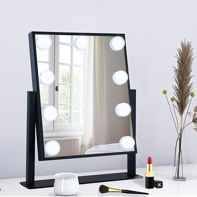 Lighted Makeup Mirror Hollywood Mirror Vanity Mirror with Lights, Touch Control Design 3 Colors Dimable LED Bulbs, Detachable 10X Magnification, 360°Rotation, Black.
