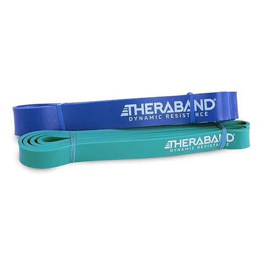 THERABAND High Resistance Bands, Set of 2 Elastic Super Bands for Improving Flexibility, Injury Rehab, & Full Body Workouts, Heavy Duty Stretch Bands for Lifting, 1 Medium & 1 Heavy Band, Multicolor