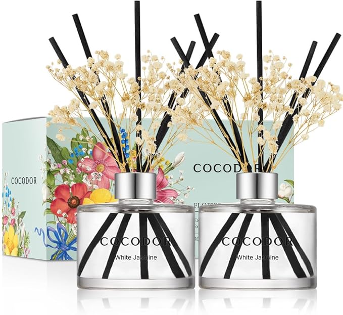 COCODOR Preserved Flower Reed Diffuser/White Jasmine/6.7oz/2Pack / Home Fragrance Scent Essential Oil Stick Diffuser for Bedroom Bathroom Home Decor