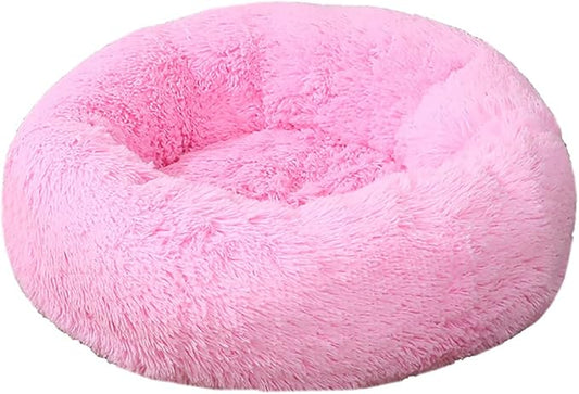 Calming Faux Fur Dog Beds Calming Donut Cuddler Dog Bed Washable Round Cat Bed Pillow Cuddler Fluffy Indoor Dog Calming Beds with Anti Slip Bottom Solid Color Pink 23 Inch