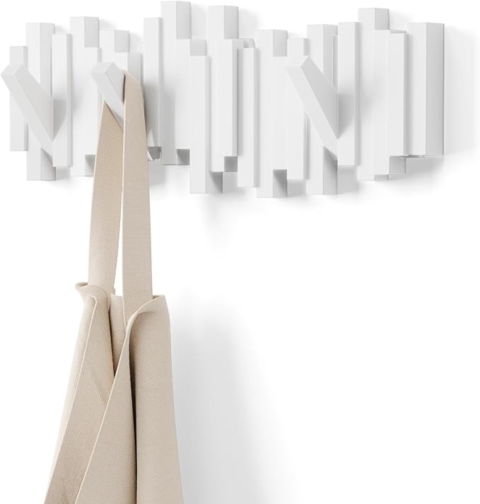 Umbra Sticks Wall-Mounted Coat Rack Rail Hook with 5 Retractable Pegs – Modern, Space-Saving Storage Organizer, White