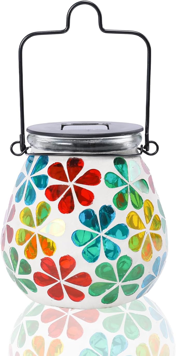 Afirst Mosaic Solar Lanterns Outdoor - Glass Hanging Solar Lights Hollow Out Waterproof Table Lamp Outdoor Decorative for Garden, Patio, Holiday Party Outdoor Decoration