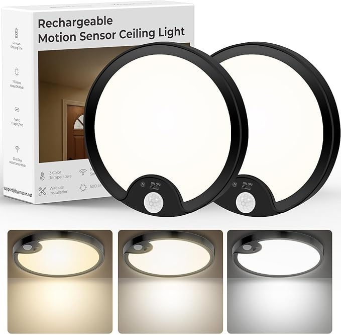 TOOWELL 2 Pack Motion Sensor Ceiling Light Rechargeable - Closet Light Battery Operated, Wireless Waterproof Shower Light, Overhead Sensor Light for Closet Shower Pantry Hallway Stair