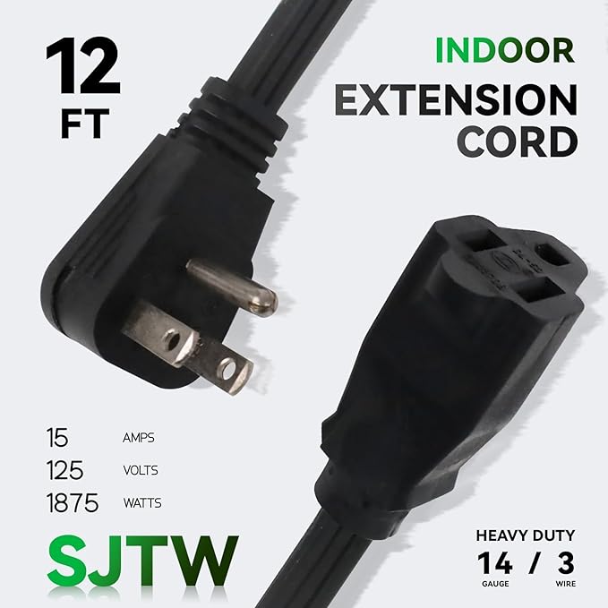 EP 12 Ft Heavy Duty Appliance Extension Cord - 14 Gauge 3 Prong Grounded Cable Wire, Ideal for Air Conditioners, Refrigerators, Microwaves, Washing Machines & More - Indoor Use, Black