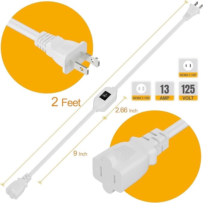 On Off Switch Extension Cord [2-Feet], 2-Prong/2 Outlet Polarized Extension Cord with Switch 12A/125V for Your Chargers/Lamp/Power Adapters etc, 16AWG Cord