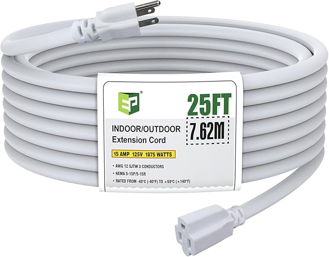 EP 12/3 25 FT Indoor Outdoor White Extension Cord Waterproof, 12 Gauge 3 Prong Power Cord Flexible Resistant Appliance Extension Cable Electric Cable Outside, 15A 1875W 12AWG SJTW, ETL Listed