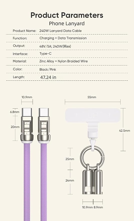 Phone Wrist Lanyard,Built-in 240W USB-C Phone Lanyard Charging Cable Fast Charge & Data Transfer with Tether Tab