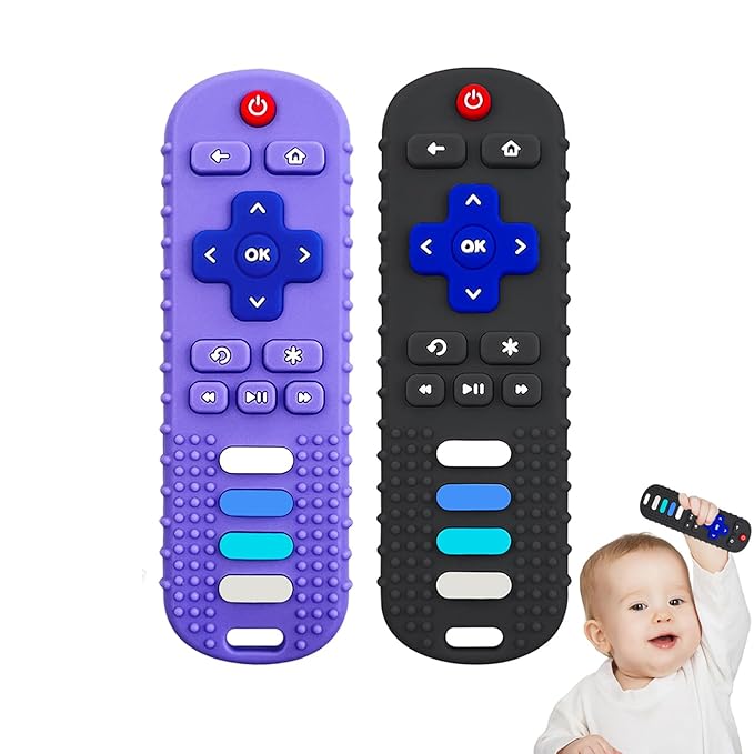 YAPROMO 2Pcs Teething Toys, Baby Remote Toy Teethers, Silicone Toy Remote Teethetr for Infant Toddler Kids/Boy/Girl, BPA Free and Refrigerator Safe